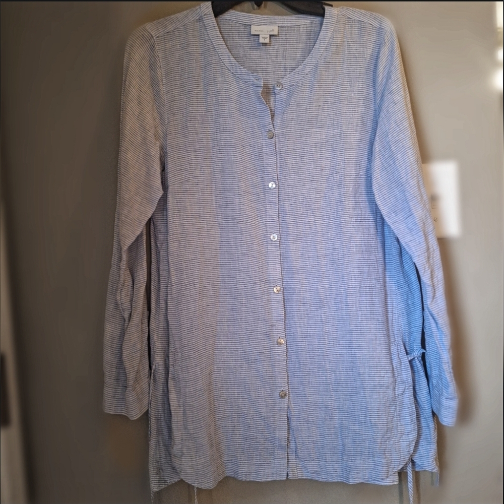 J Jill Linen Blue & White Striped Button-Up Tunic Shirt Long Sleeve Sz Small